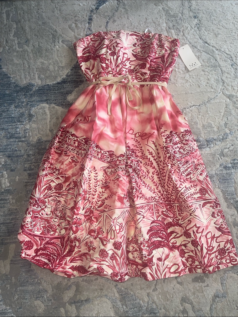 David Meister NWT Strapless Pink Floral Print Dress with belt